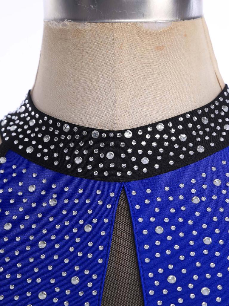 Женский соревновательный купальник S-XXL: Боди со стразами по всей поверхности, с открытой спиной, юбкой с бахромой и контрастными вставками для танца Ча-ча, Румба