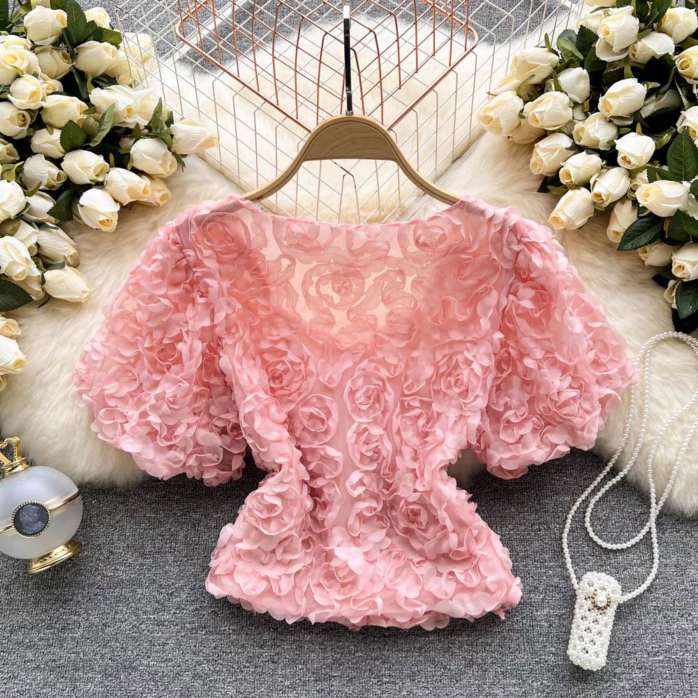 RUGOD Короткая темпераментная рубашка Niche Design Sense Mesh Flower, женская новая летняя тонкая однобортная универсальная рубашка