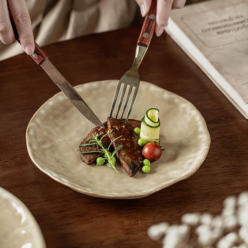 Retro Wind Wave Pattern Plate Ceramic Shot Special-Shaped Plate Household Vegetable Plate Dessert Plate Steak Plate Tableware Large Plate