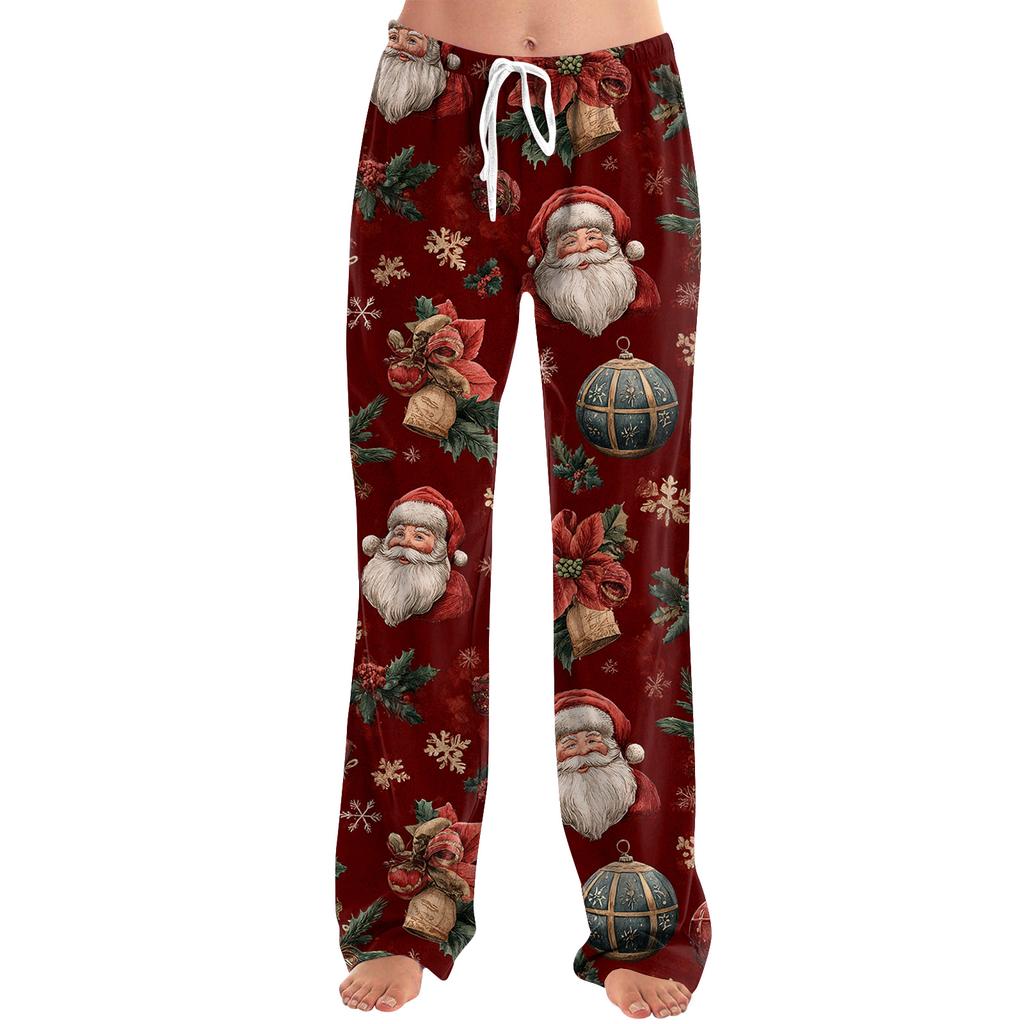 Женские свободные и повседневные брюки с широкими штанинами с рождественским принтом, эластичным поясом, кулиской и карманом