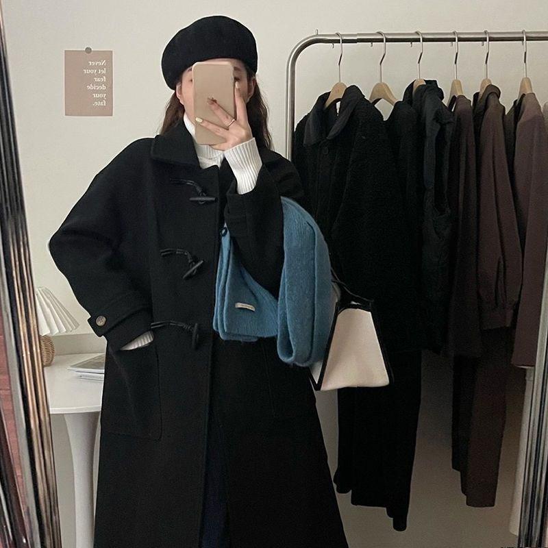 Женское длинное толстое пальто с пуговицами-рожками – верхняя одежда в японском стиле для осени и зимы