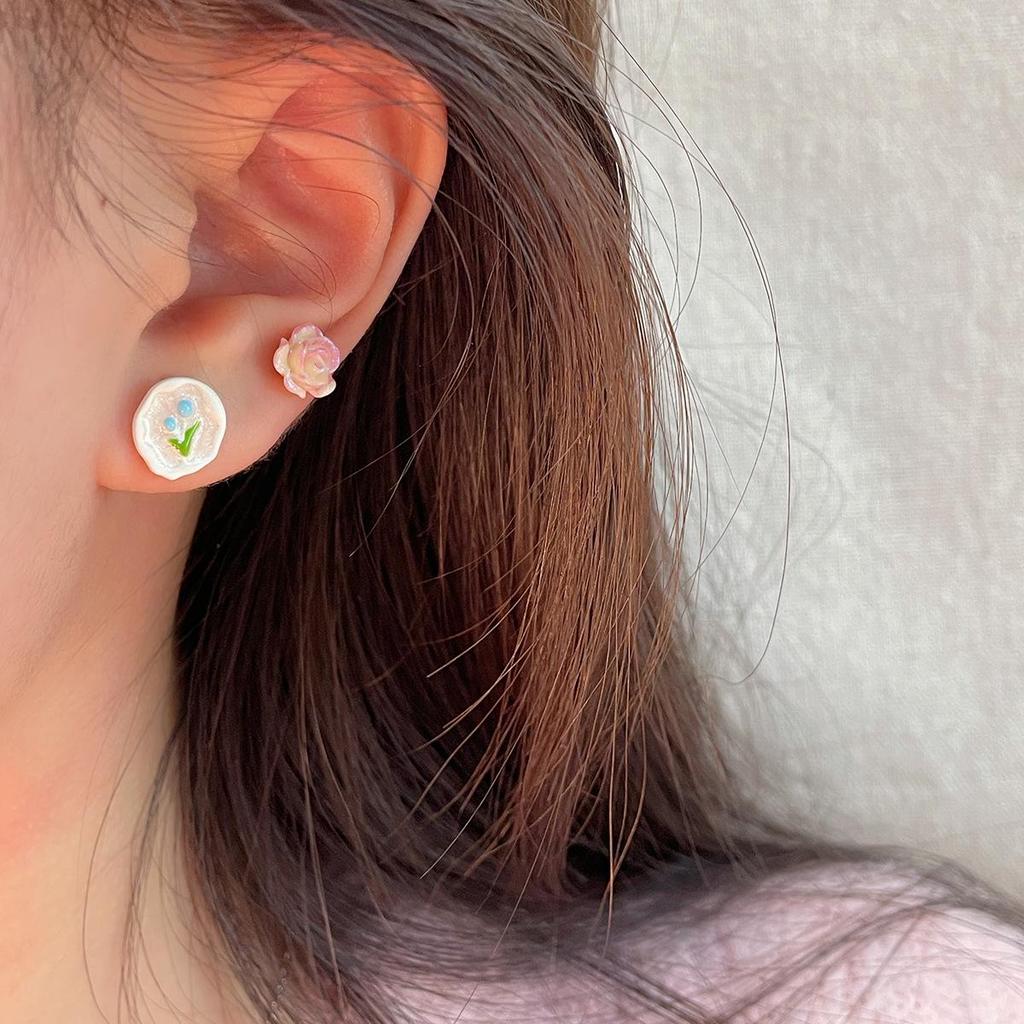 Комплект сережек «Летняя фея-бабочка»: Розовые цветочные серебряные гвоздики для женщин