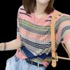 Новая женская футболка в радужную полоску с коротким рукавом, шикарный топ из ледяного шелка, летний ажурный пуловер