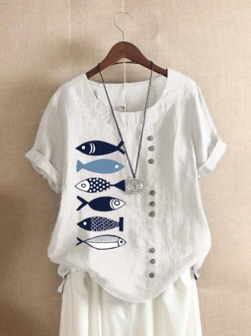 Women's Shirt Casual Cotton and Linen Summer Short Sleeve Large Size Pullover Printed Loose Versatile Top T-Shirt Women