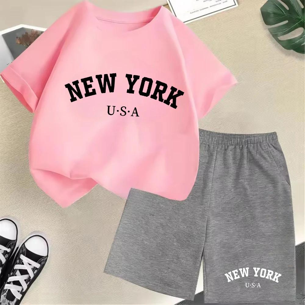2026 New Kids Boys Girls New York Letter Pattern Polyester T-shirt+Shorts 2-Piece Set Casual Daily