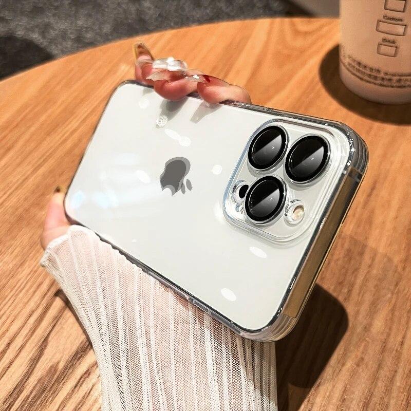 Original Square Plating Border Clear Phone Case For IPhone 11 12 13 14 15 Pro Max Plus Mini XS XR X Lens Film Protective Cover