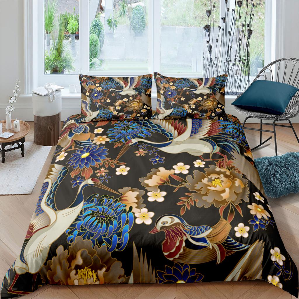 Пододеяльник с японским журавлем King Queen Size Wave Flower Ukiyo-e Style Комплект постельного белья Восточная культура 2/3 шт. Полиэстеровый пододеяльник