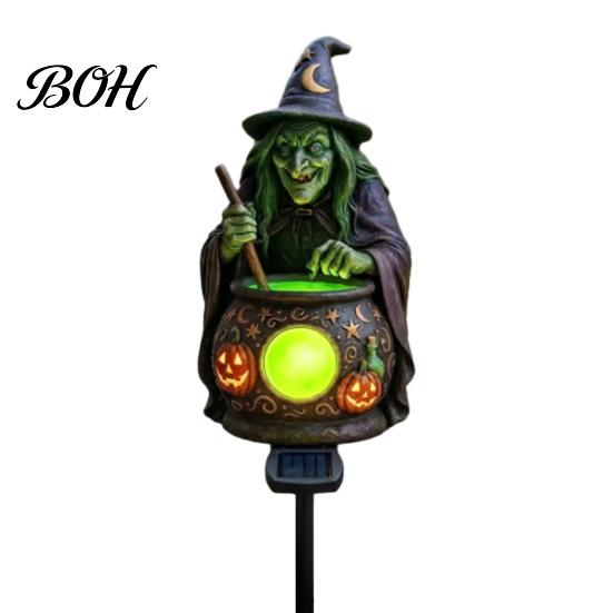 Halloween Lawn Ornaments Solar Witch Cauldron Garden Stake Light, Waterproof Resin Glowing Cute Gifts Figurine Statue, Spooky Outdoor Pathway Lamp for