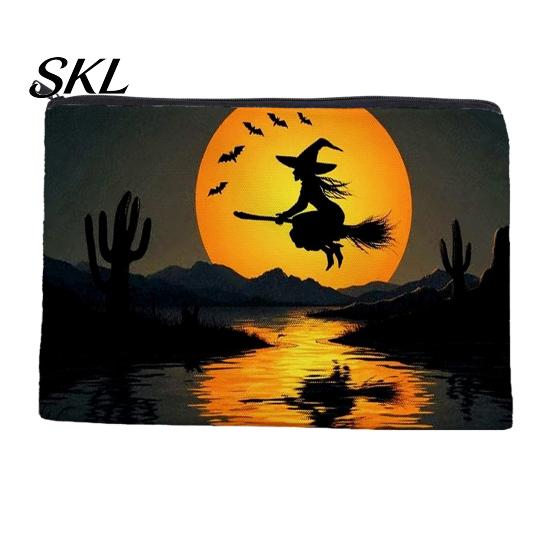 Reusable Halloween Storage Bag, with Pattern Printed, Smooth Zipper Bag Canvas Makeup Large Capacity Travel Cosmetic Pouch