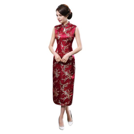 Women Summer Cheongsam Stand Collar Floral Print Hollow Out Split Hem Sleeveless Qipao Slim Fit Retro Chinese Style