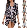 Women's Print Irregular Three-quarter Sleeve Cardigan With Pocket Jacket