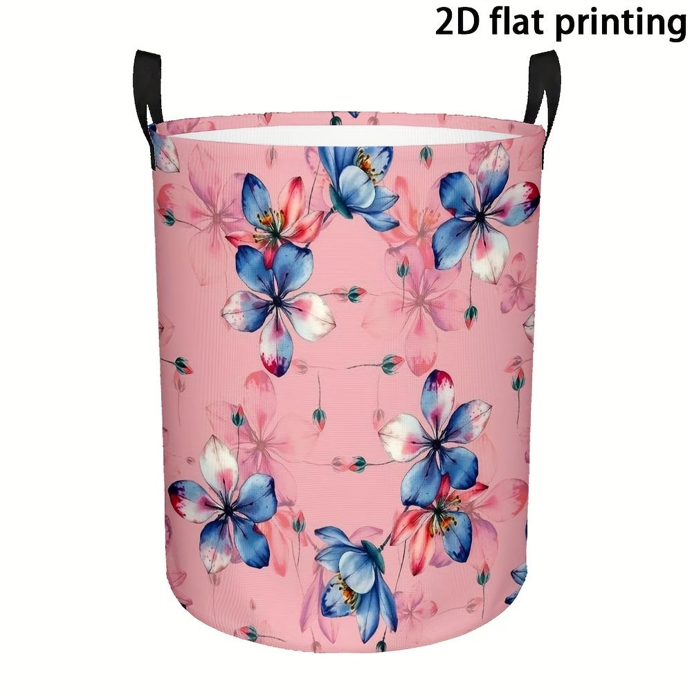 Polyester Laundry Hamper With Pink Blue Floral Watercolor Pattern | Round, Large Capacity, Portable, Foldable With Handles, Suitable For Bedroom, Laun