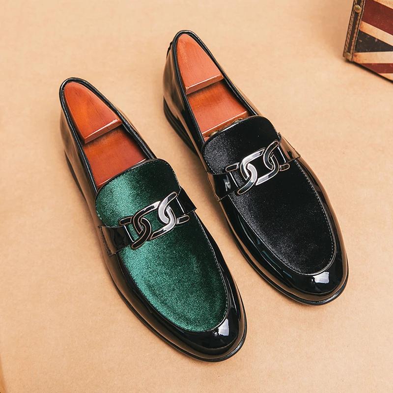 Luxury Brand Men's Shiny Leather Shoes Corduroy Pointed High-end Green Business Flat Shoes Wedding Dress Shoes for Men's