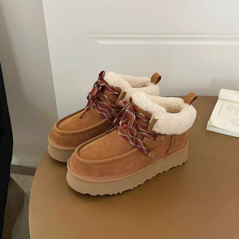 2026 New Design Real Sheepskin Leather Lace-up Platform Snow Boots Women Natural Wool Winter Boot Warm Shoe Classic Fur Slippers