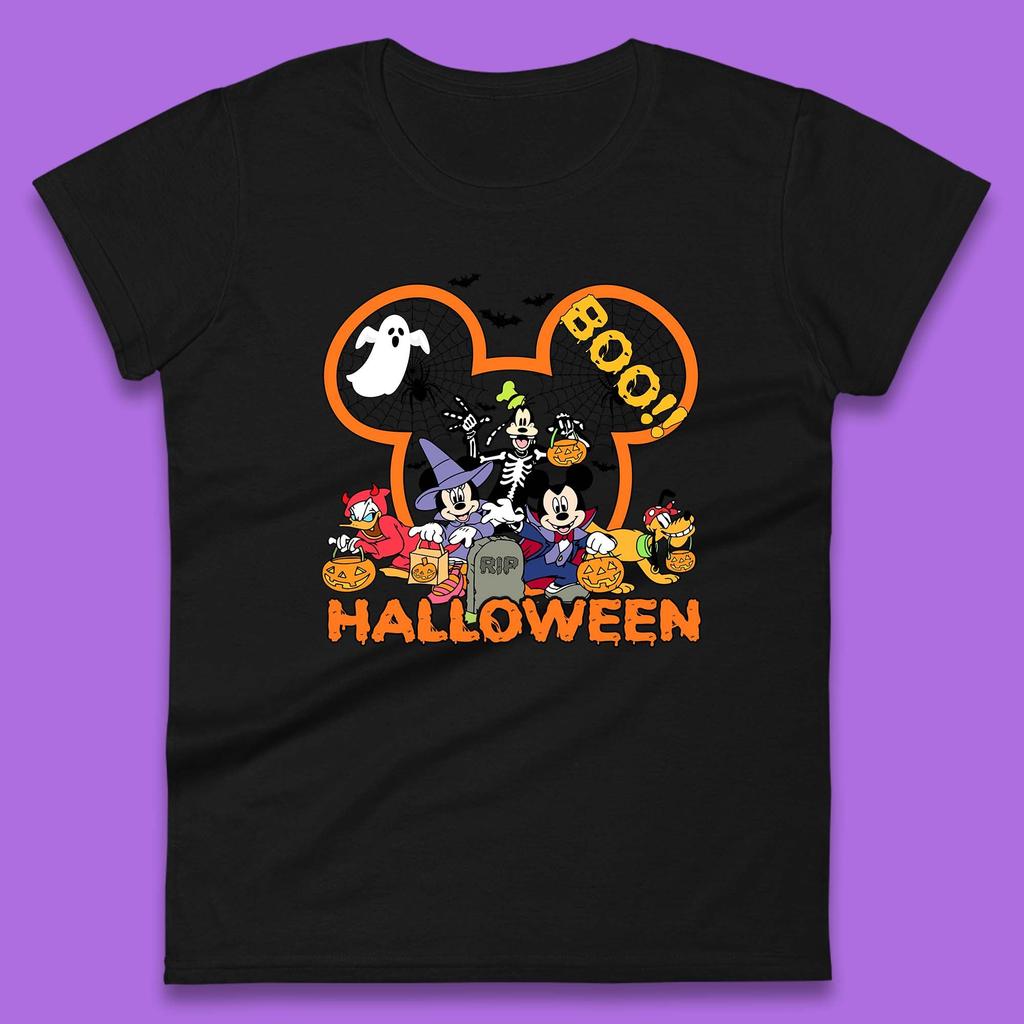Disney Halloween Mickey Mouse Minnie Mouse Boo Ghost Friends Donald Duck Pluto Goofy Cartoon Disneyland Trip Womens Tee T Shirt Mens Tops Unisex Top