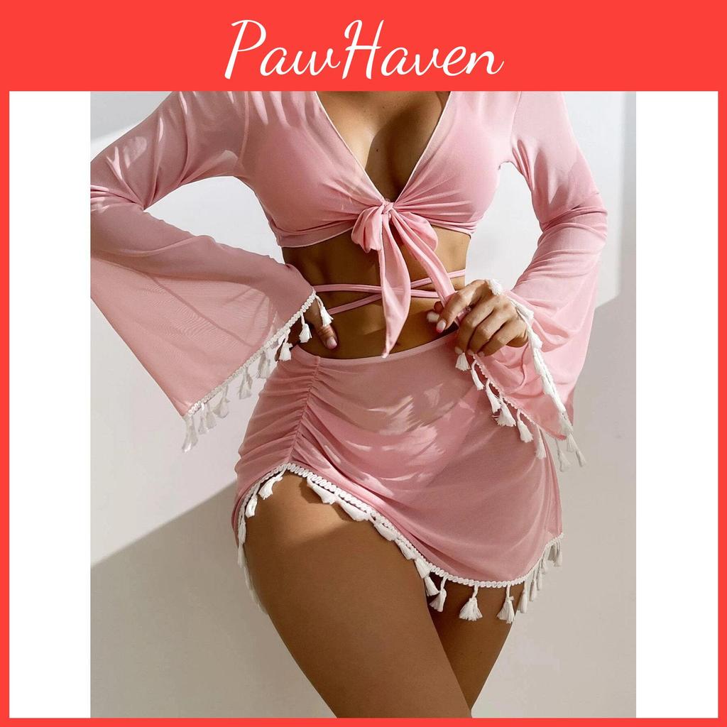 Split Swimsuit Four Three Womens Piece Set Solid Color Tassel Lace Up Long Sleeve Bikini Suits
