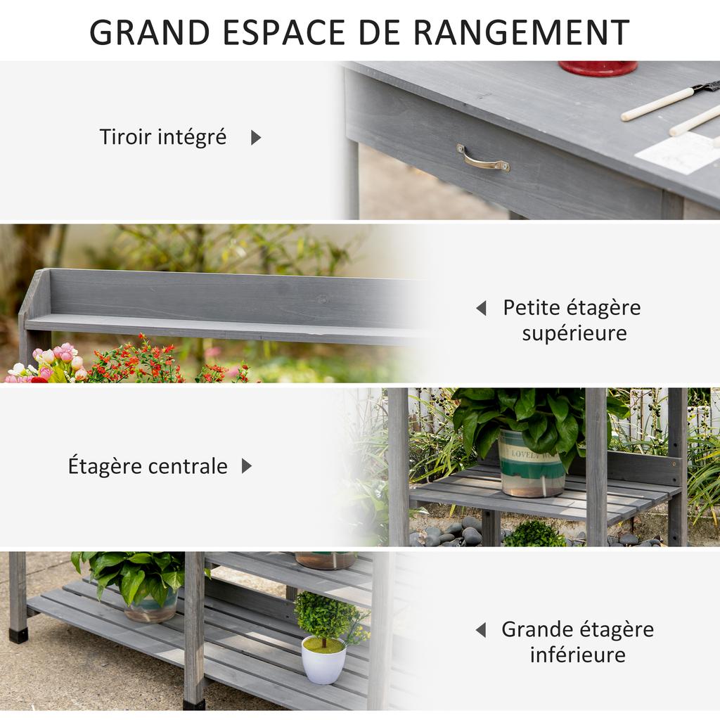 Multi-Equipped Potting Table, 3 Hooks, 3 Shelves, Pre-Oiled Grey Fir Wood Planting Table, Sink