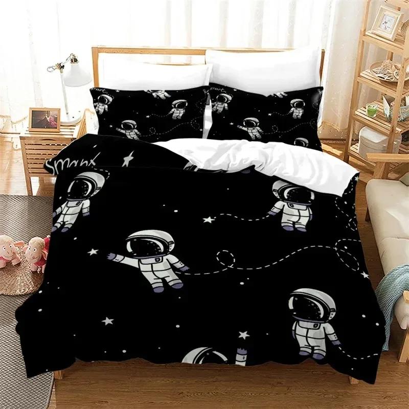 New Cartoon Astronaut Duvet Cover King Galaxy Space Bedding Set Microfiber Rocket Ship Space Adventure Comforter Cover