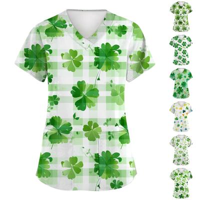 Женская мода Короткий рукав Рукав Ст. Топ с V-образным вырезом и карманом с принтом ко Дню Святого Патрика