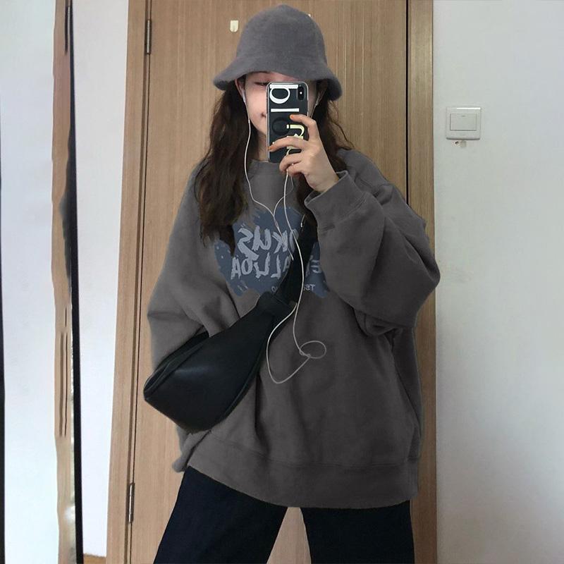 Women Long Sleeve O Neck Loose Pullovers Female Tops Solid Color Sweatshirts