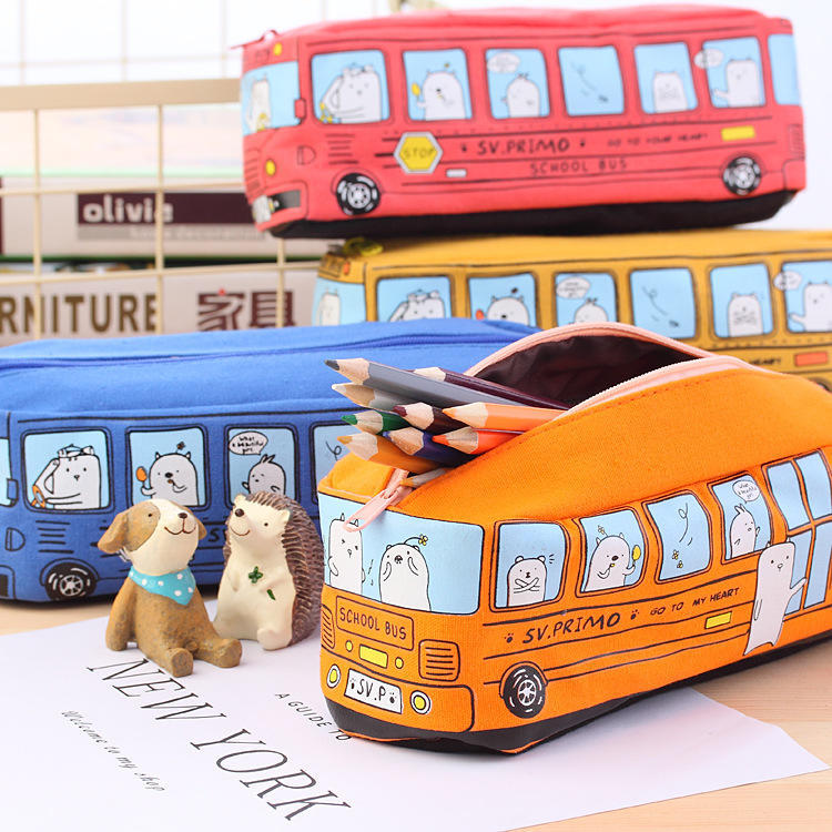 Cartoon Bus Pencil Bag Canvas Large Capacity Car Zipper Pen Pencilcase for Student Stationery School Supplies