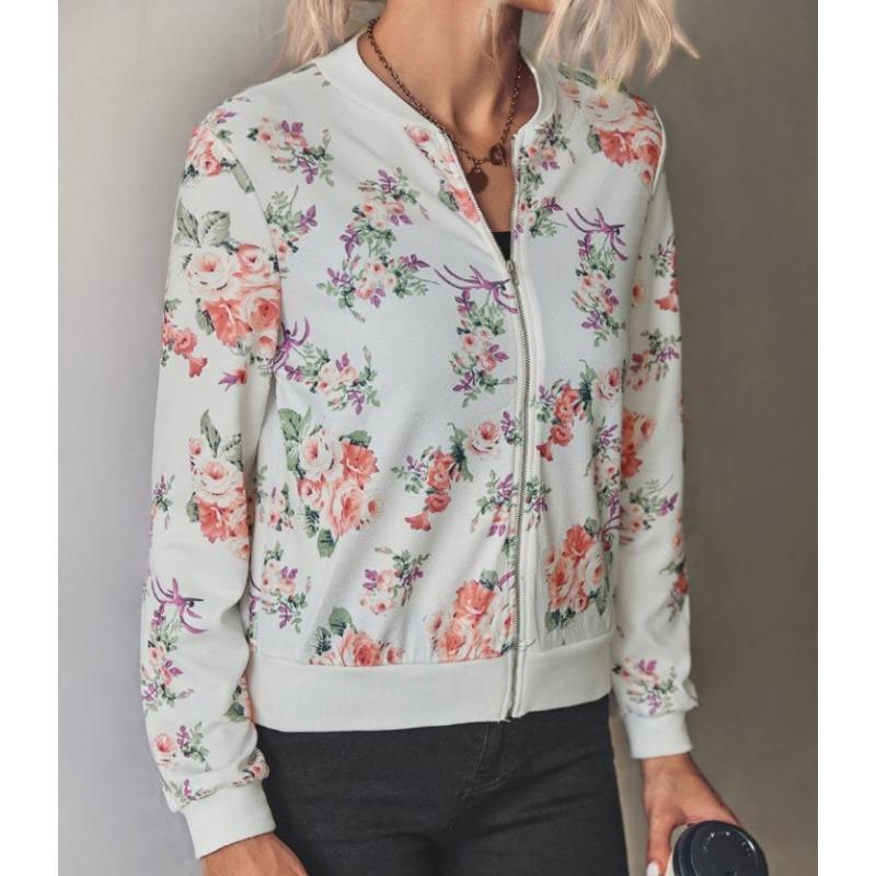 Плюс Размер Женская Осенняя Модная Напечатанная Круглая Горловина Застежка Молния Длинные Рукава Куртка