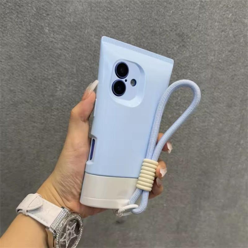 ins Lanyard BB Wash Face Cream Glossy Silicone Phone Case For iPhone 16 15 14 13 12 Pro Max 3D Full Bumper Protective Back Cover