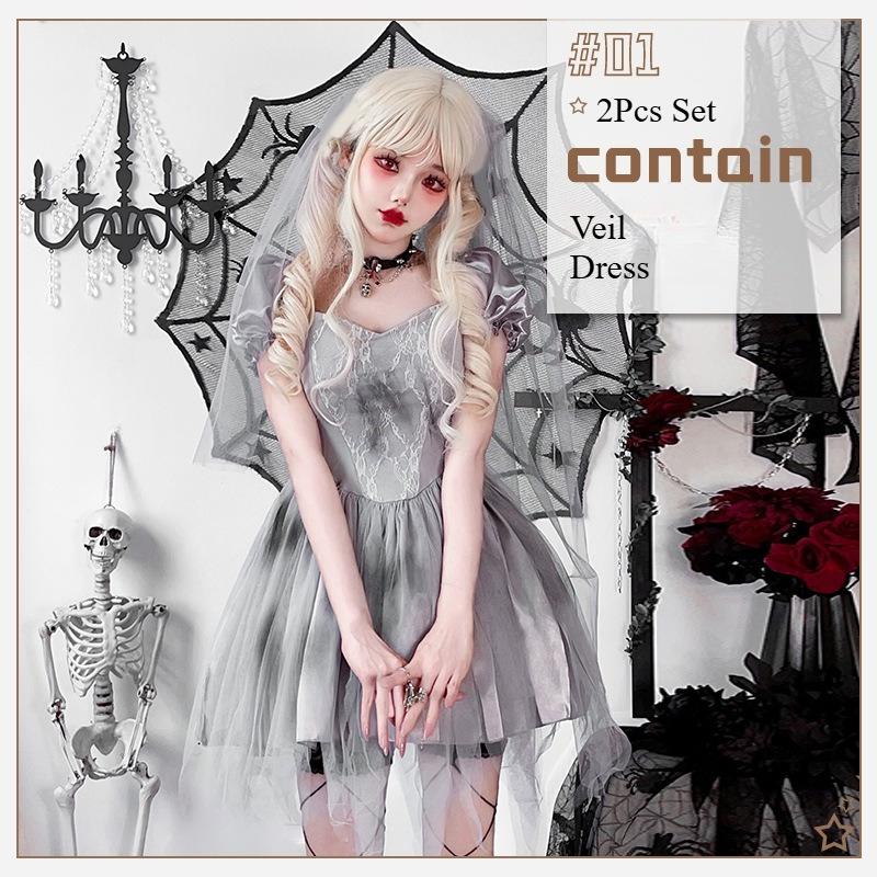 Halloween Costume Witch Short Sleeve Dress Sets Bride Vampire Cosplay Gothic Dark Fantasy Bar Ball Gown Stage Performance Outfit