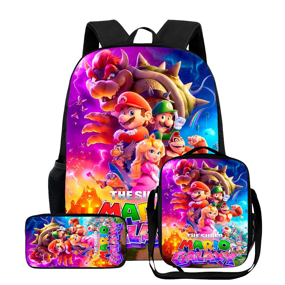 New Mario cartoon backpack, three-piece set for primary and secondary school students, school bag, backpack, shoulder bag, pencil case.