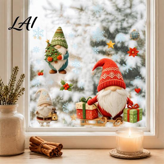 Reusable Static Decals Christmas Gnome Window Cling Waterproof Snowflake Glass Decal PVC Faceless Dwarf Sticker for Holiday Decoration Festive