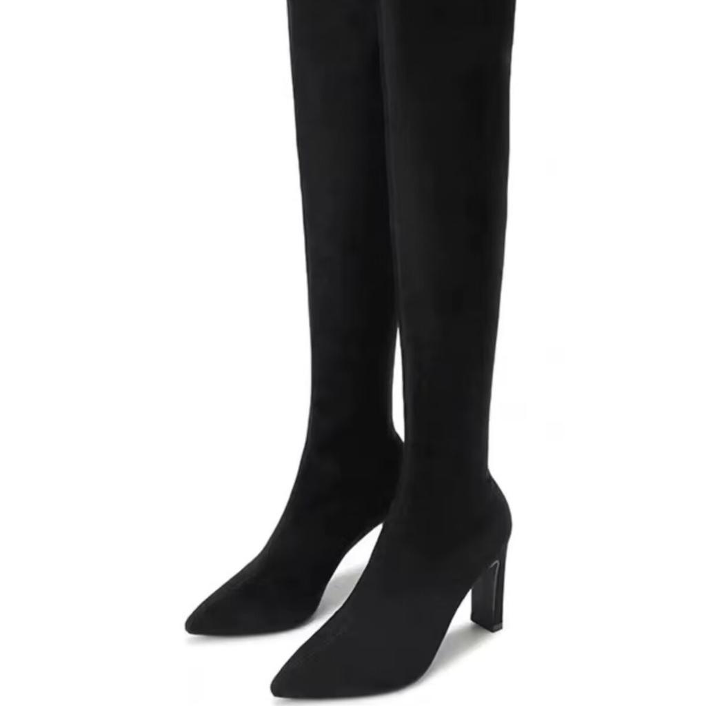 Осень и зима новые женские полусапожки на среднем каблуке однотонные на толстом каблуке остроносые тонкие сапоги до колена эластичные сапоги детские