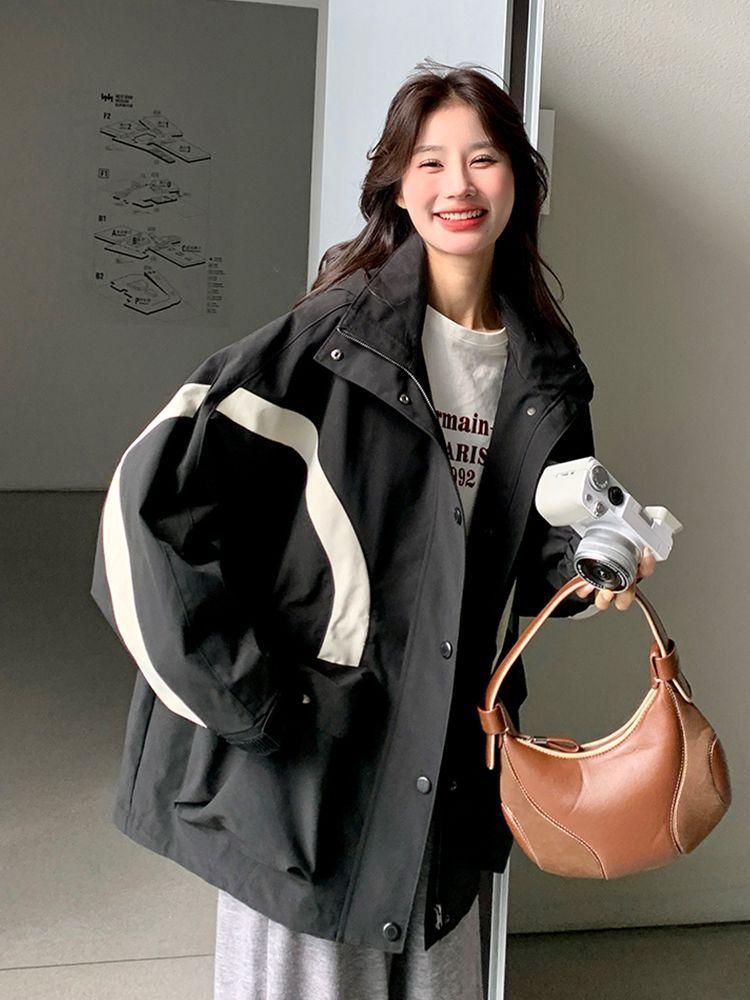 Женская куртка большого размера на весну-осень в американском стиле с капюшоном, оверсайз, свободная, повседневная, лоскутная, ветровка