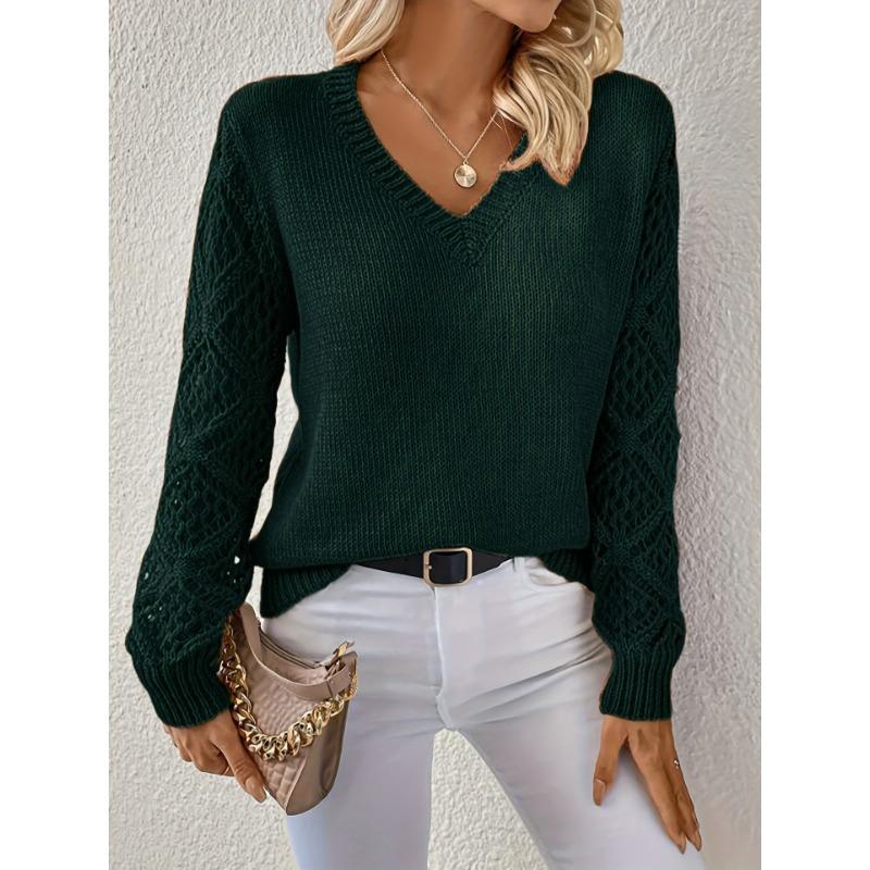 Женская мода повседневная однотонная принтованная осень-зима с длинным рукавом и V-образным вырезом свитера