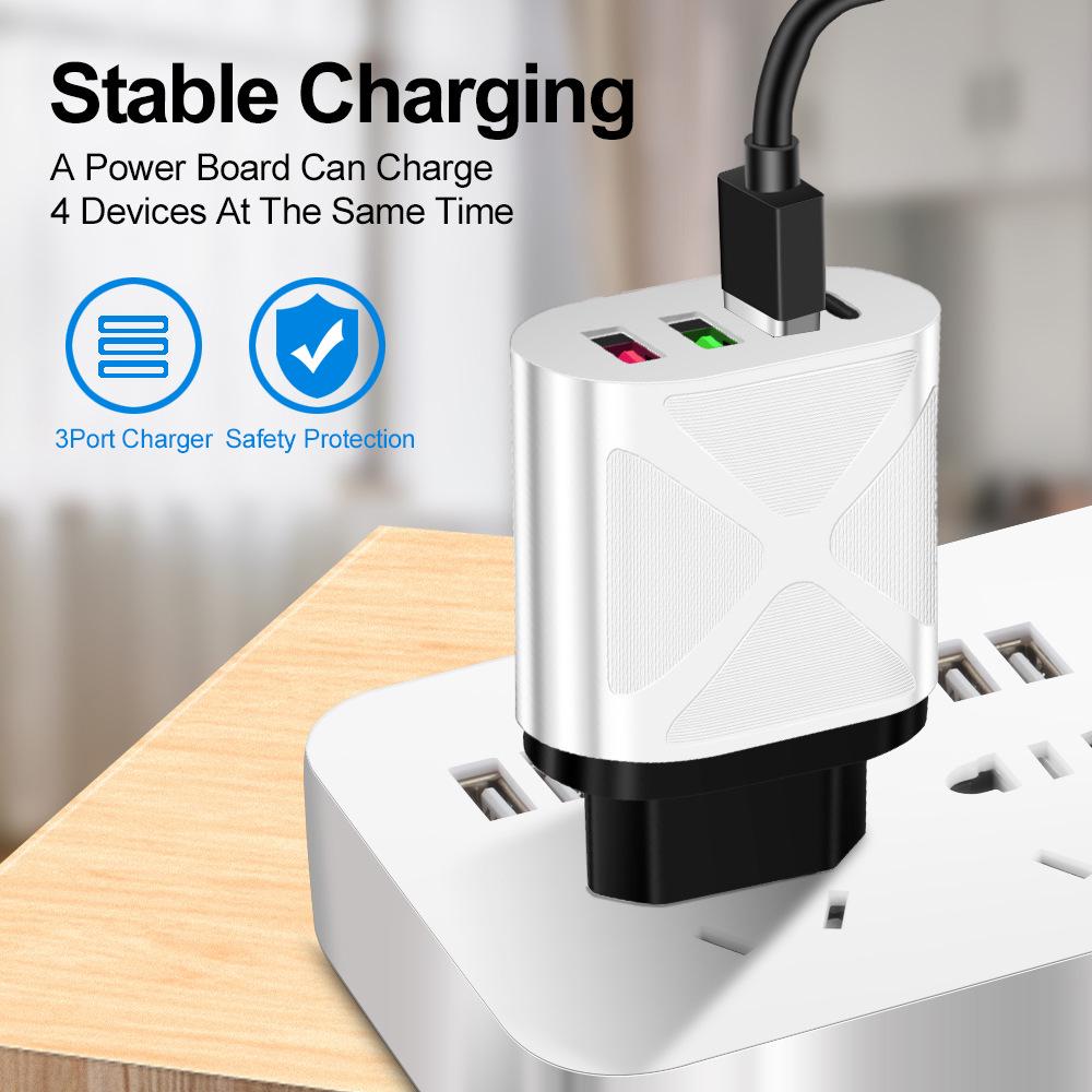 Multi-Port Travel Charger: 3 USB, Type-C, 5V2.4A EU/US/UK Standards