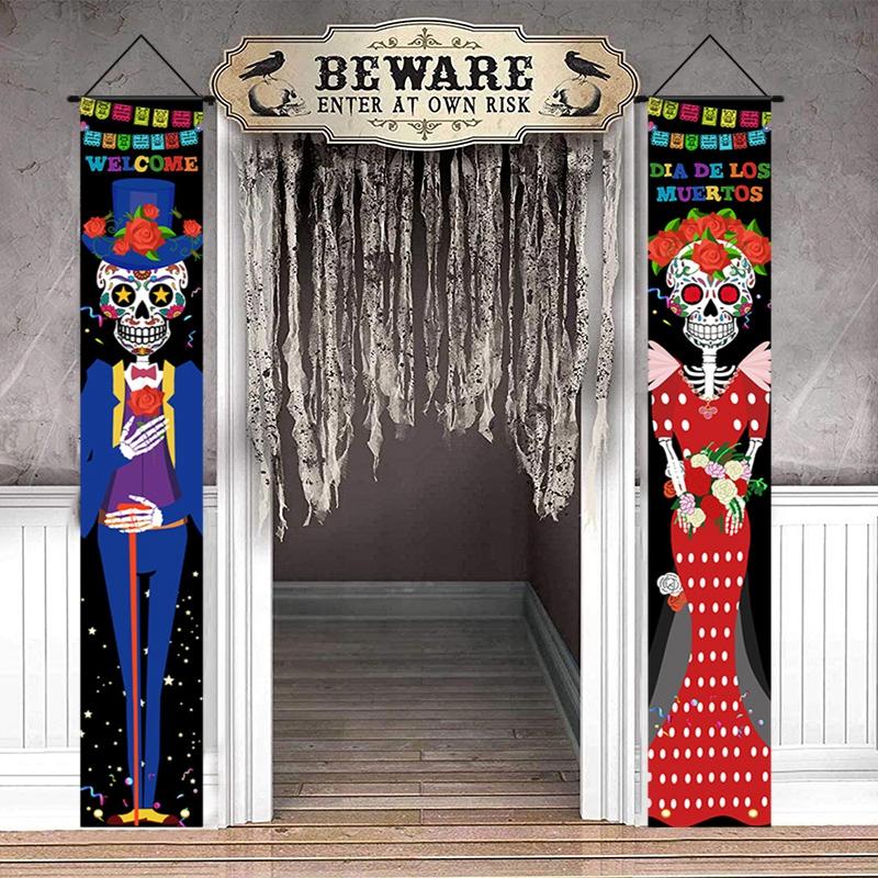 Mexican Day Of The Dead Halloween Couplet Scary Skeleton Couple Flag Halloween Decoration Hanging Flag Banner Door Decor