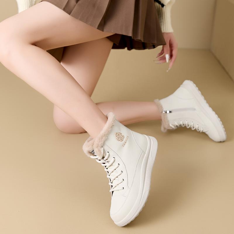 GKTINOO Genuine Leather Sneakers Women Snow Boots Casual Platform High Top Lace-up Winter Warm Plush Ladies Casual Shoes