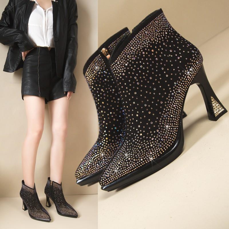 Модные зимние роскошные брендовые ботильоны женские ботильоны с острым носком на высоком каблуке на платформе однотонные туфли с кристаллами Botas Mujer