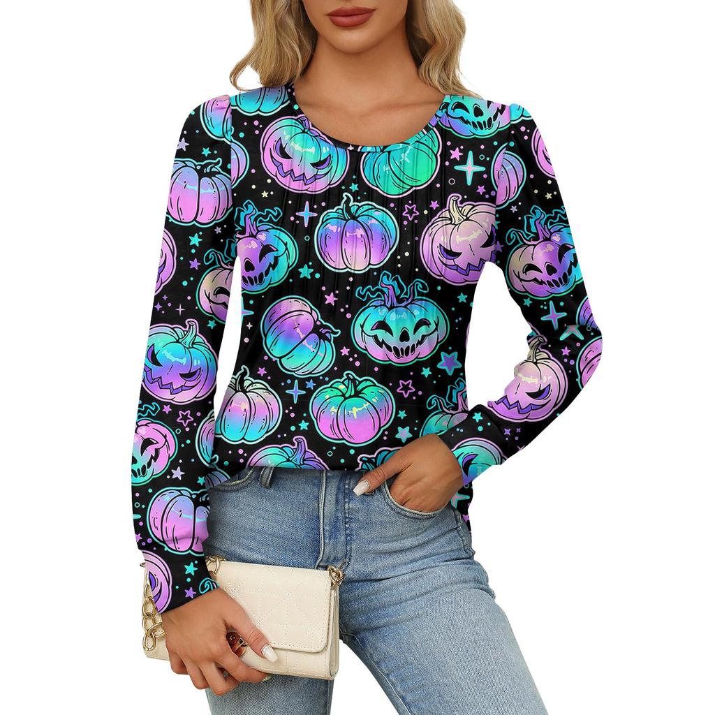 Long Sleeve Shirts For Women Cute Print Graphic Tees Blouses Dressy Casual Blouses Pleated Scooped Neck Tunic Tops Halloween