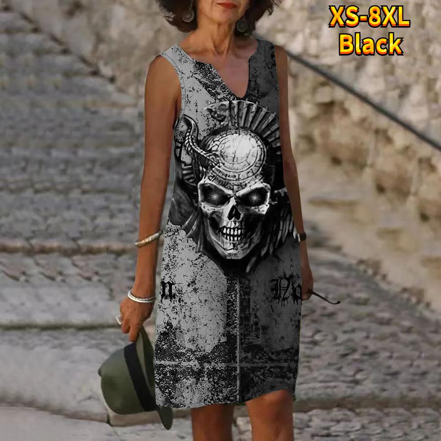 Женское летнее черно-серое платье с v-образным вырезом и принтом головы черепа, повседневное модное платье без рукавов, повседневные свободные сексуальные платья размера плюс XS-8XL