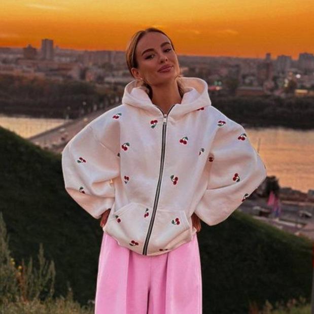 Cherry Print Hoodie Sweatshirt Casual Streetwear Oversized Women's Fall Fashion Pullover