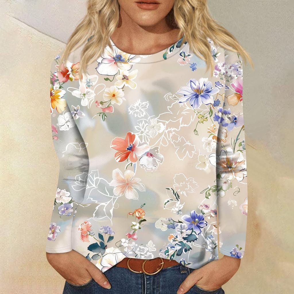 Женская мода Повседневная ретро-принт с круглым вырезом и длинным рукавом Декоративная футболка Топ
