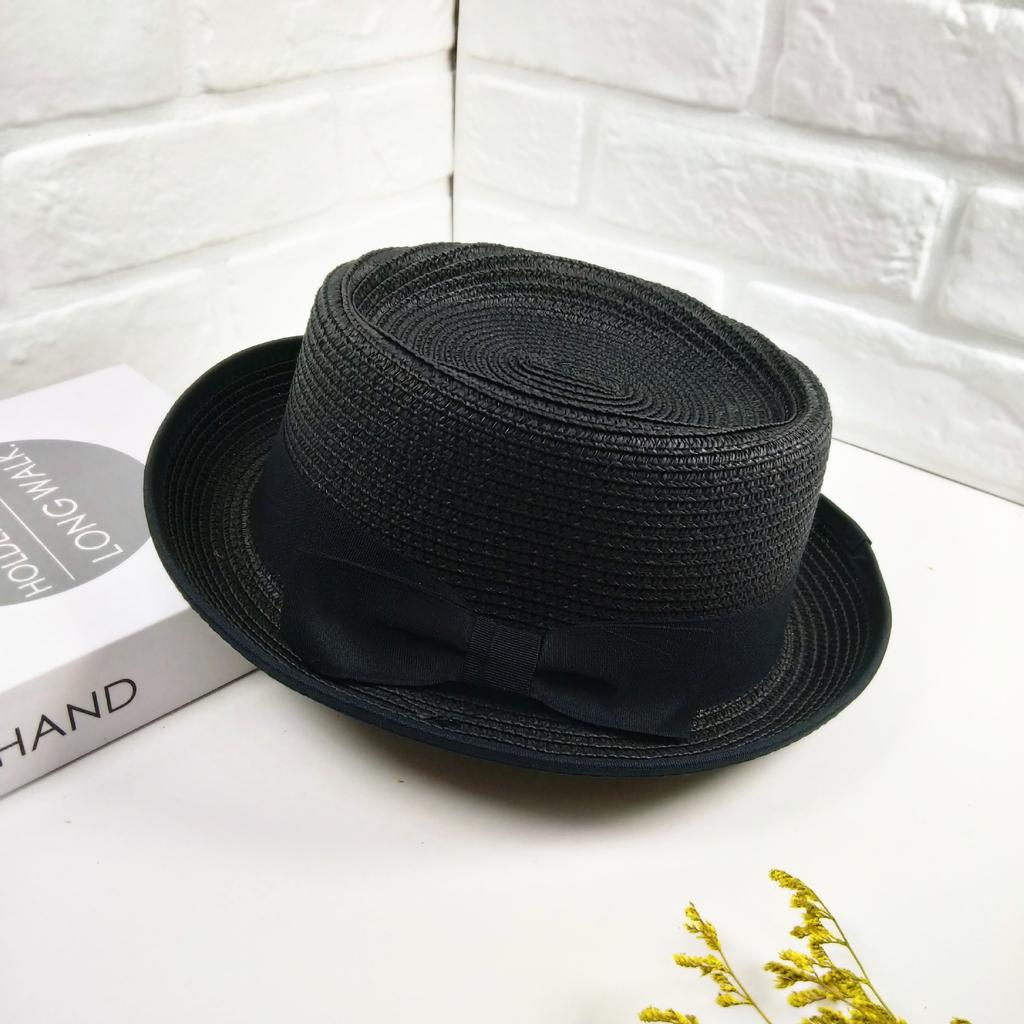 Dome crimped bow straw hat women's summer British top hat fashion outdoor sunshade sun hat