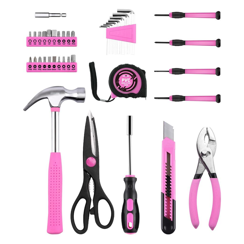 DOWELL Home Tool Set with Plastic Storage General Household Hand Tool Mini Repair Tool Kit for College and Home Use 40-Piece (Pink), Box, Kit, Women,