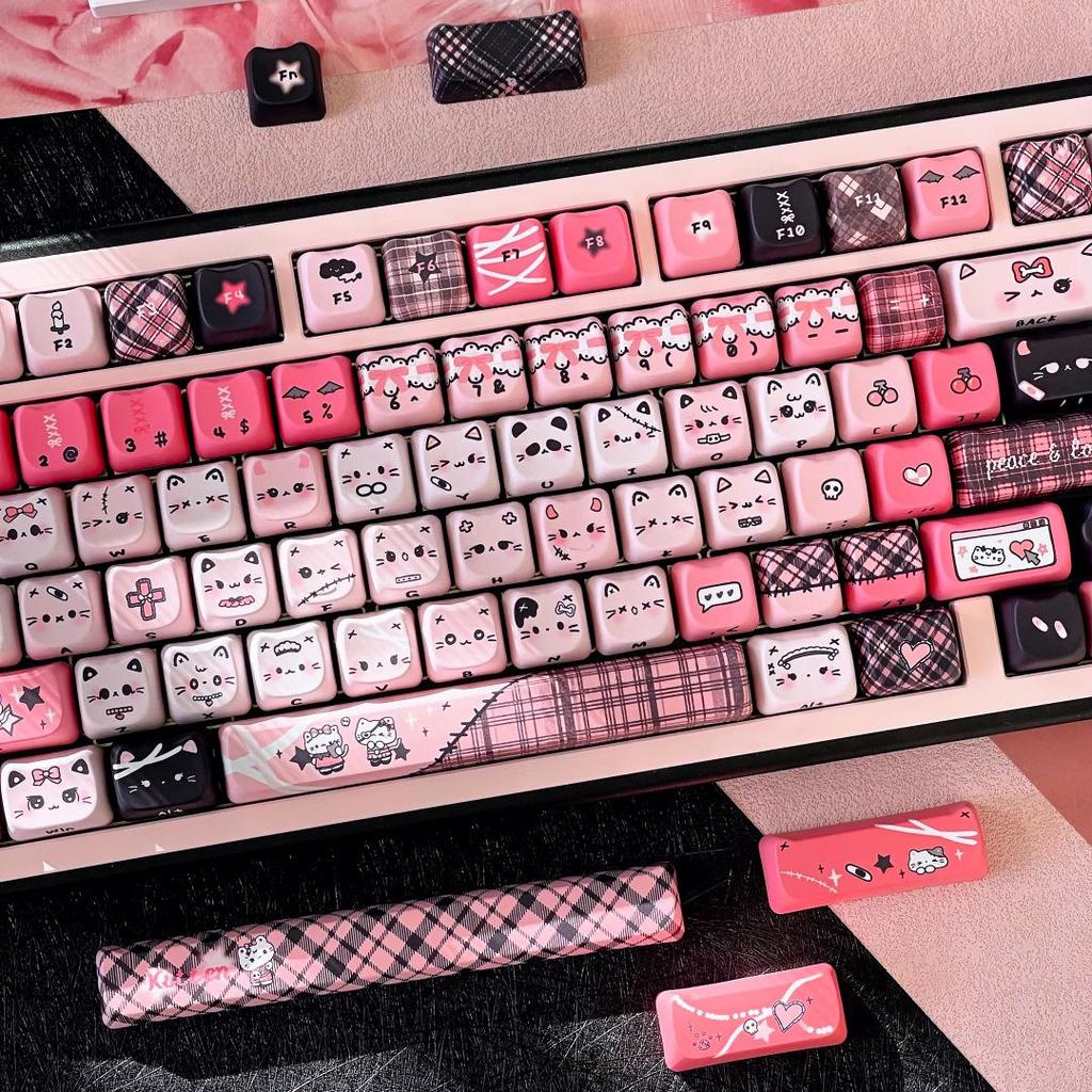 MAIMOOO Black Pink Cat Keycap Mao/Cherry Pbt Side Carving Cute Keycap 130Keys 7U Split Space Layout Black Pink Checkered Keycaps