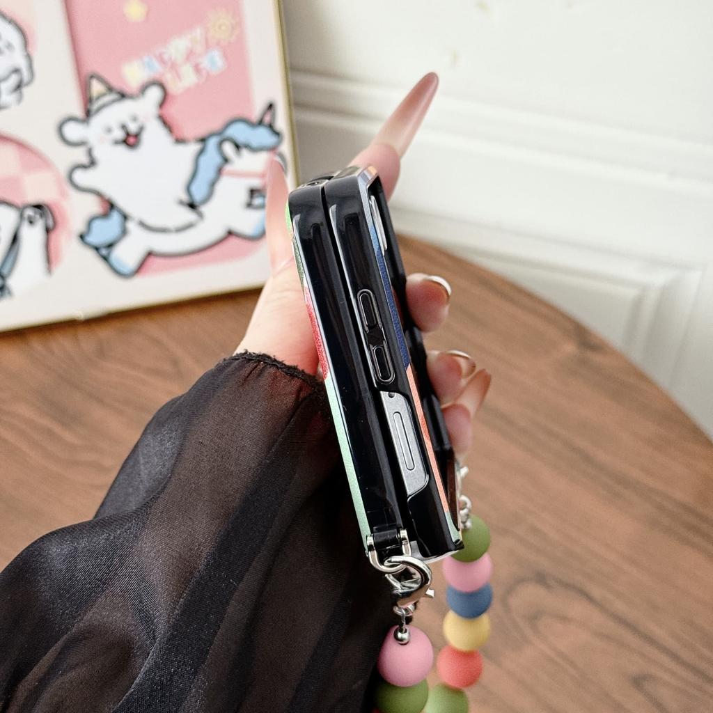 Cartoon Print Case for Samsung Galaxy Z Flip 8 7 6 5 4 3 Detachable Colorful Beaded Wrist Strap Shockproof Cover Bumpers Cover