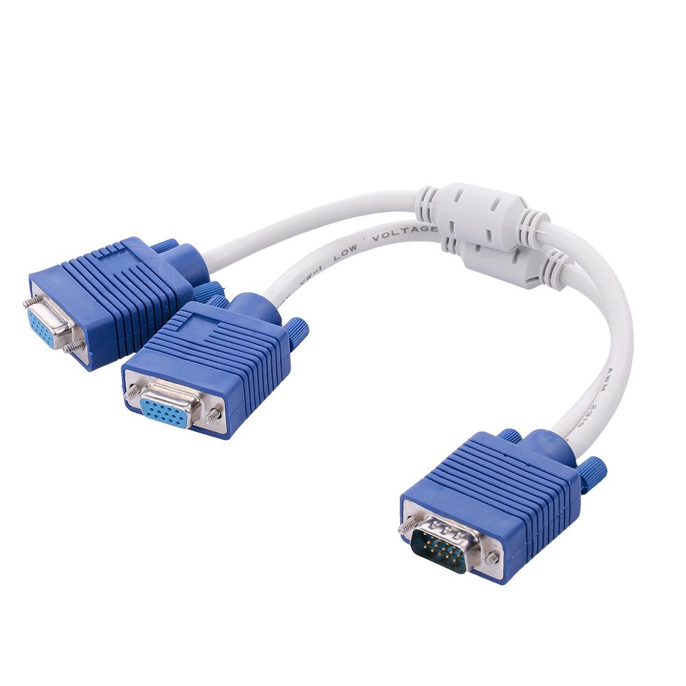 VGA Cable 1 Male to 2 Female VGA Adapter Cable for Desktop Laptop Projector STB with Dual Magnetic Ring