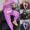 2 Pcs/Set Women Casual Outfit Top Pants Set V Neck Long Sleeves Bronzing Leopard Print Sweatshirt Elastic Waist Sweatpants Sport Outfit Autumn