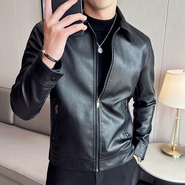 Мотоциклетная кожаная куртка Мужская свободная куртка из искусственной кожи Повседневная куртка пилота с лацканами