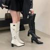 2025 Autumn and Winter Thick Heel Boots Super Cool Knight Boots Women's Belt Buckle Back Zipper Boots White Knee Boots