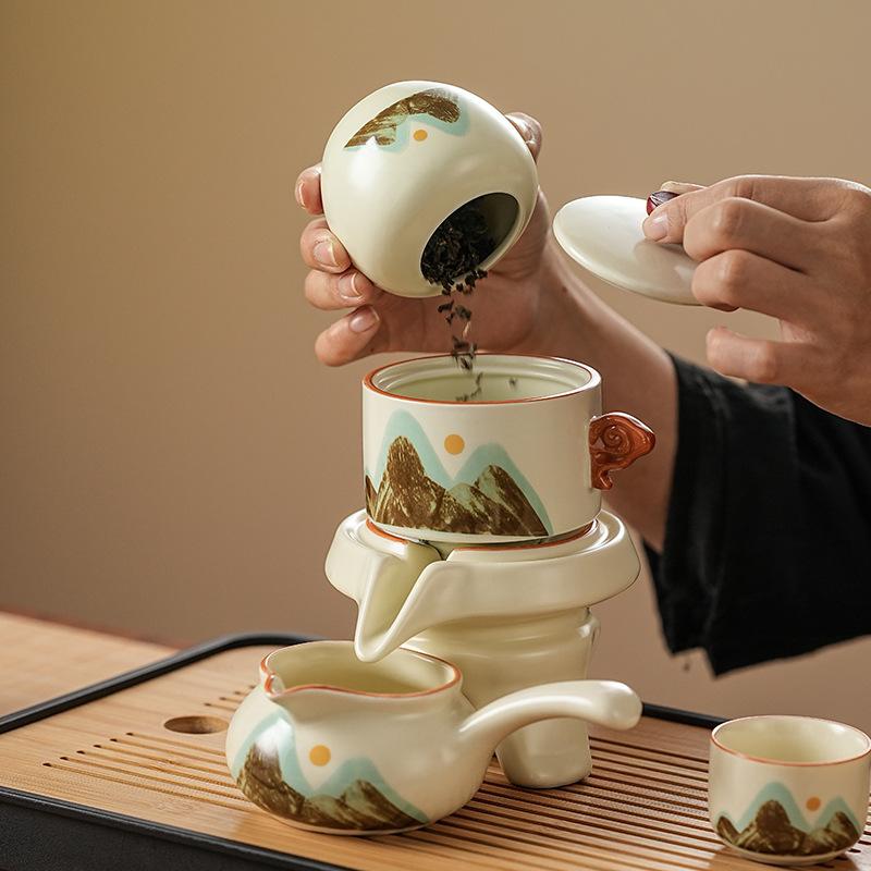 Retro light luxury Ru kiln Qingshan tea set with tea tray household teapot business gift souvenir